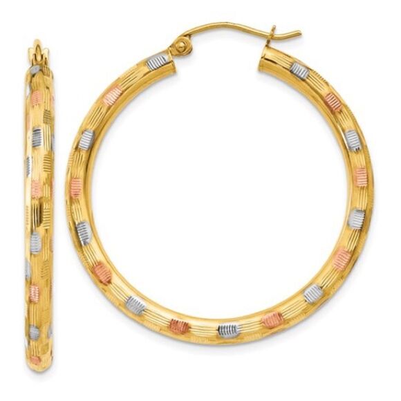 Showstopping 14k Yellow Gold Hoop Earrings with White and Rose Rhodium Accents - Picture 3 of 5